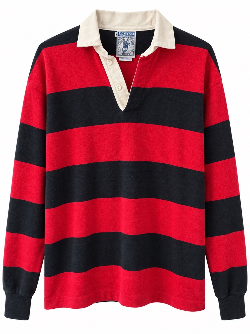 Vintage Lands’ End Rugby Polo L Red Black Striped Made USA Preppy 100% Cotton